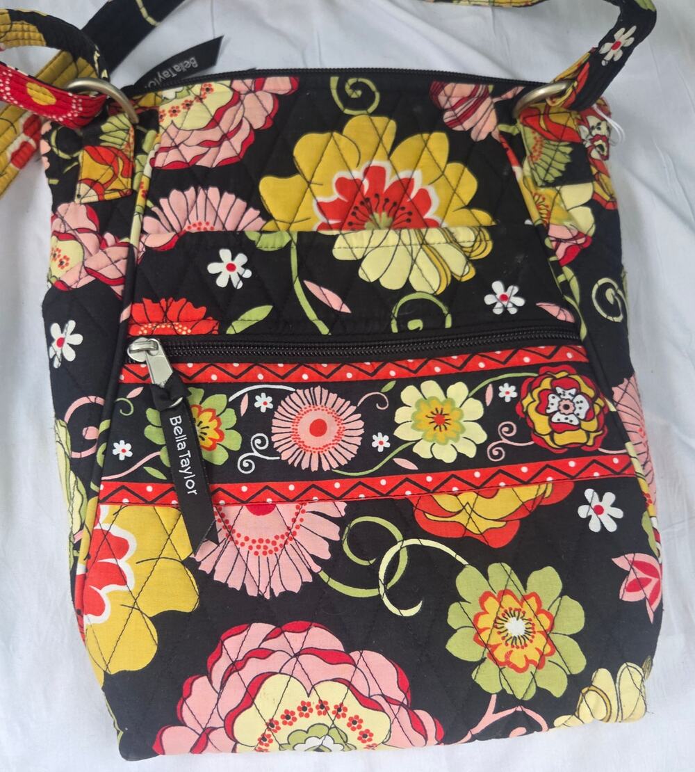 Bella Taylor Quilted Cotton Hipster Crossbody Bag Flowers on Black